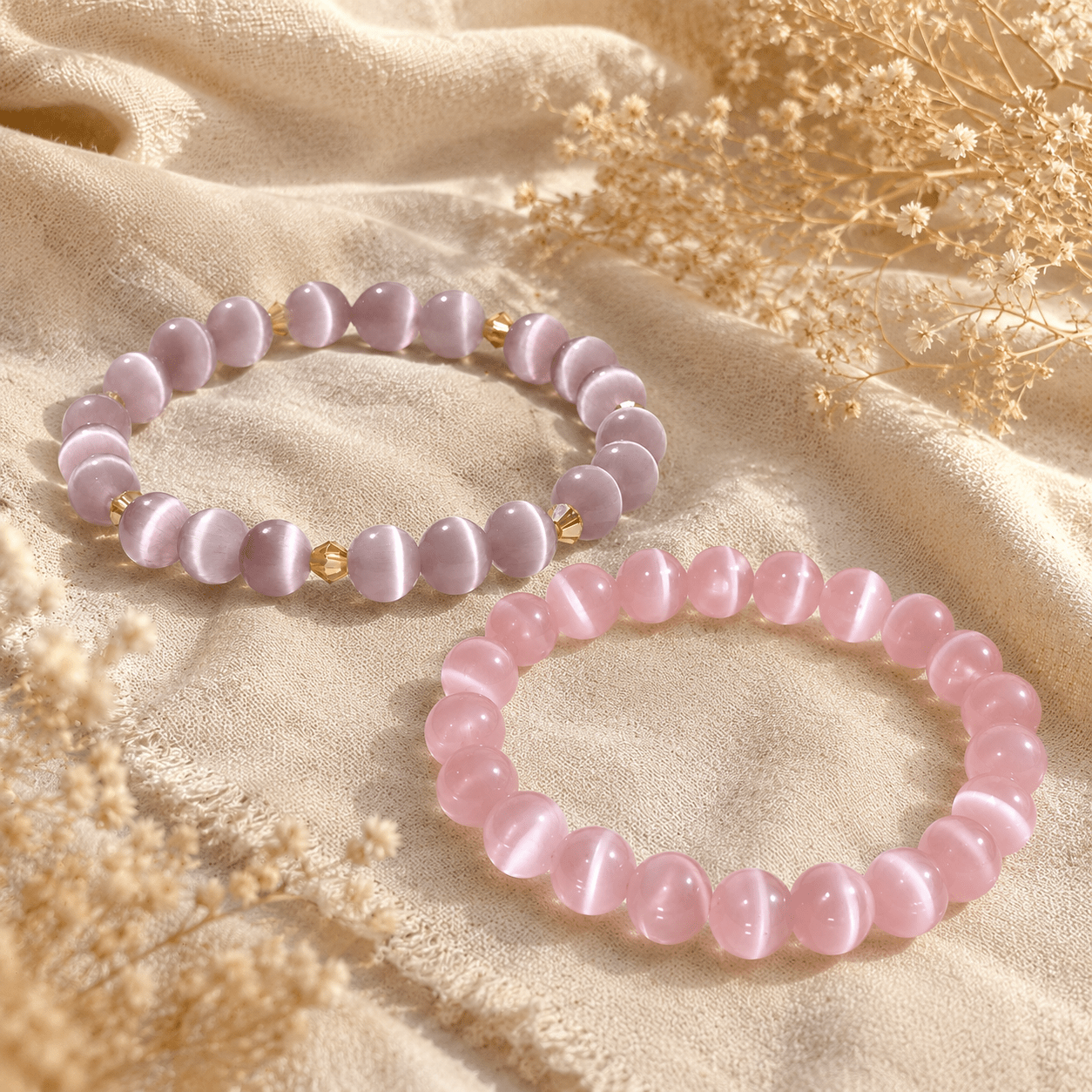 2pc Purple & Pink Cat Eye Stone Beaded Bracelet Set, Elegant Layered